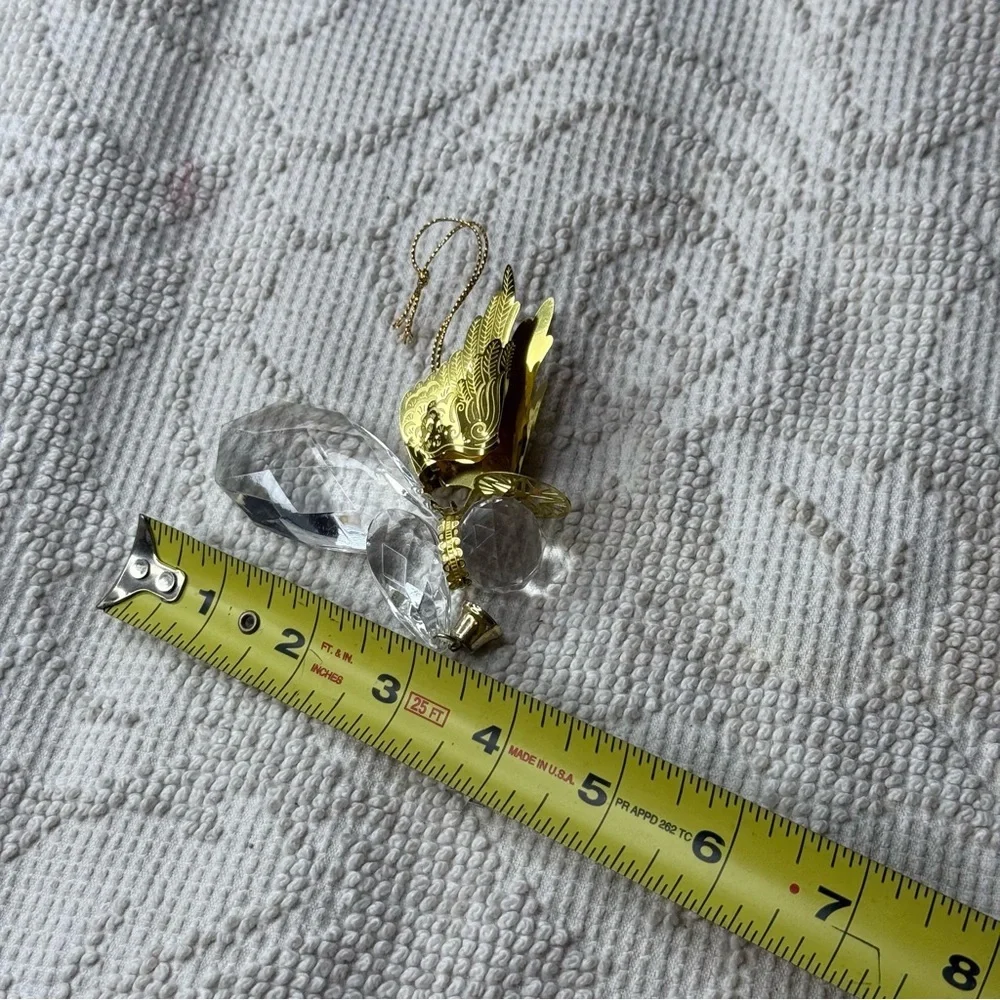 Faceted Clear‎ Crystal Angel Ornament with Gold Filigree Wings and Bell 3 Inch